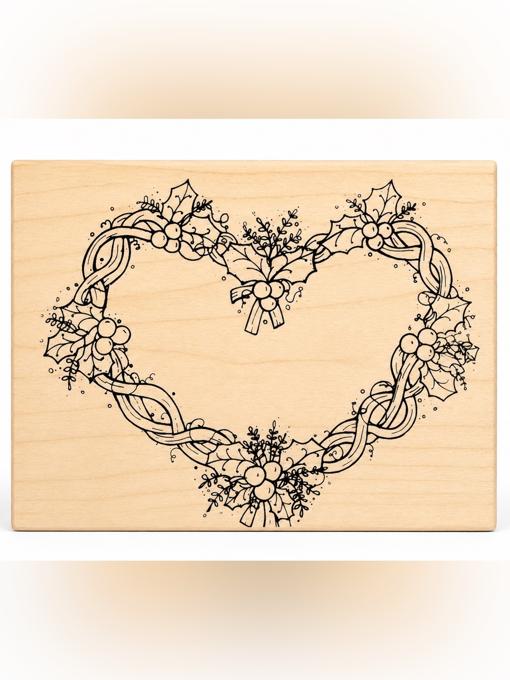 Holly and Berry Wreath Heart Wood Rubber Stamp